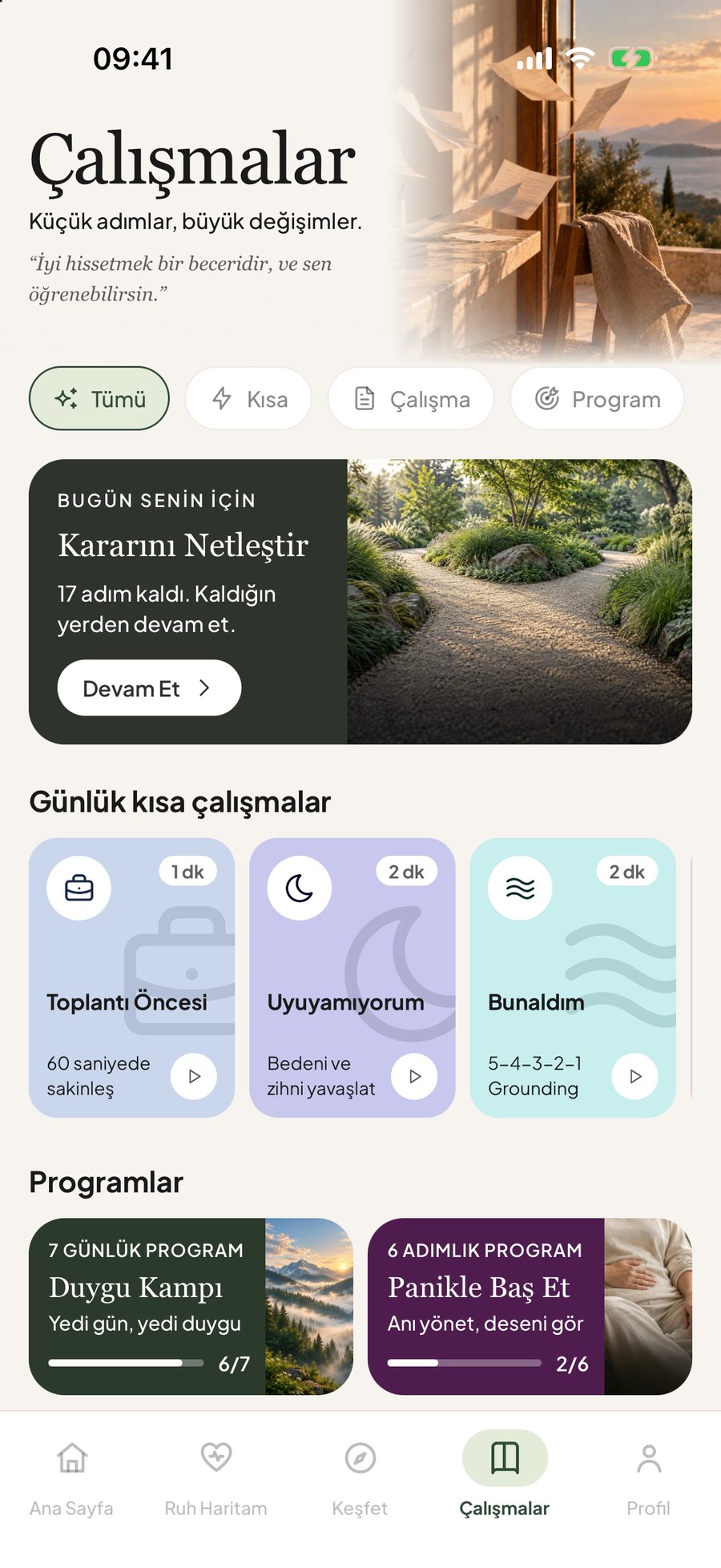 Çalışmalar ekranı: kısa çalışmalar ve programlar